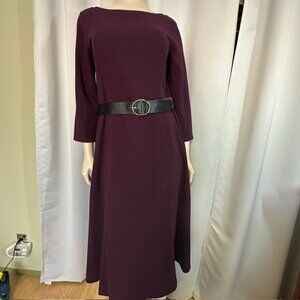 Calvin Klein 3/4-Sleeve Belted Midi Dress Eggplant Size 12